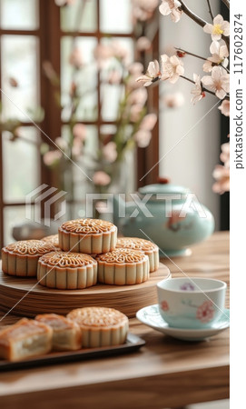 Mooncakes on a wooden tray, blooming flowers, and a teapot. Mid-Autumn festival, vertical banner 117602874
