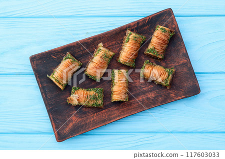 Traditional Turkish dessert baklava with walnut 117603033