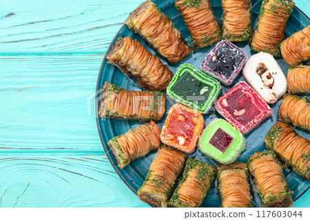 Turkish delight candy with arabic baklava . Rahat lokum photography 117603044
