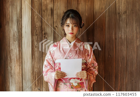 一個穿著和服的女人拿著一封信的肖像 一個穿著和服的女人拿著一封信的肖像 117603455