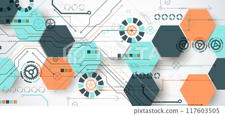 Abstract circuit board background with hexagons. Hi-tech digital technology concept. Hand drawn vector. Abstract circuit board background with hexagons. Hi-tech digital technology concept. Hand drawn vector. 117603505