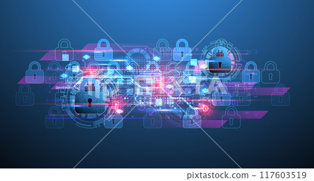 Secure digital background. Virtual confidential, programming protection. Hand drawn vector. 117603519