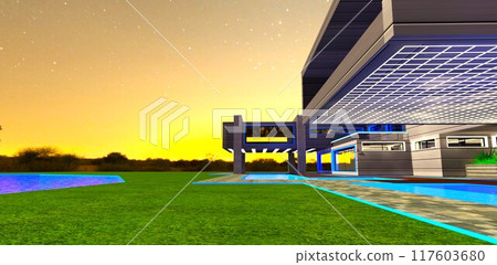 Bright orange-yellow pre-dawn sky behind a luxury high-tech estate with exterior lighting elements used as decor. 3D rendering. 117603680