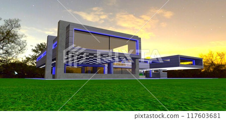 Brutal concrete structures seamlessly blend into the design of a modern private estate with night lighting on decorative elements. 3D rendering. Brutal concrete structures seamlessly blend into the design of a modern private estate with night lighting on decorative elements. 3D rendering. 117603681