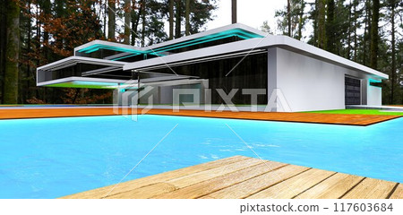 Design concept for a luxurious villa with a spacious pool in a dense autumn forest. Glass facade and white walls. Reflection of trees in the windows. 3D rendering. 117603684