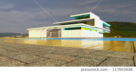 Evening view of an unusual country house. Stone tiles beneath your feet and a wooden deck by the pool. Iron garage gates. 3D rendering. Evening view of an unusual country house. Stone tiles beneath your feet and a wooden deck by the pool. Iron garage gates. 3D rendering. 117603686