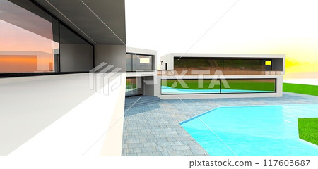 Luxury balcony design with a large mirrored sliding door, without a railing. View of the house's courtyard with a pool at sunrise. 3D rendering. Luxury balcony design with a large mirrored sliding door, without a railing. View of the house's courtyard with a pool at sunrise. 3D rendering. 117603687