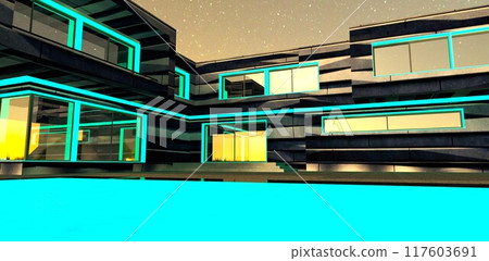 View from the pool with blue lighting, looking towards the courtyard of a modern private house with glowing facade elements in the pre-dawn hour. 3D rendering. View from the pool with blue lighting, looking towards the courtyard of a modern private house with glowing facade elements in the pre-dawn hour. 3D rendering. 117603691