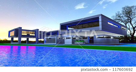 View from the surface of an artificial lake in front of an expensive designer estate at night. Cool color palette. 3D rendering. View from the surface of an artificial lake in front of an expensive designer estate at night. Cool color palette. 3D rendering. 117603692