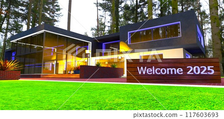 Welcome to 2025. Glowing sign on a wooden stand at the entrance to a luxury estate built in a primeval forest. 3D rendering. 117603693