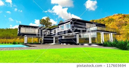 White, appealing daytime lighting of exterior elements of a countryside private house with a green yard and a pool against a mountain backdrop. 3D rendering. White, appealing daytime lighting of exterior elements of a countryside private house with a green yard and a pool against a mountain backdrop. 3D rendering. 117603694