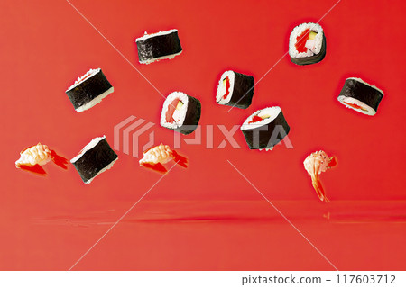 Falling sushis rolls on red background. Ai generative 117603712