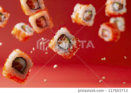 Falling sushis rolls on red background. Ai generative 117603713