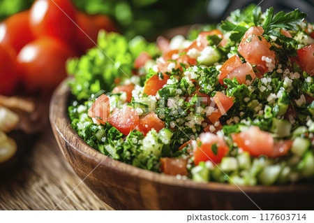 Tabbouleh salad in wooden bowl. Traditional oriental food. Ai generative 117603714