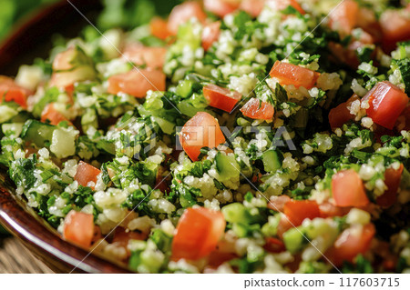 Tabbouleh salad in wooden bowl. Traditional oriental food. Ai generative 117603715