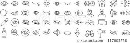 Vector monochrome line icon set about eyes 117603738