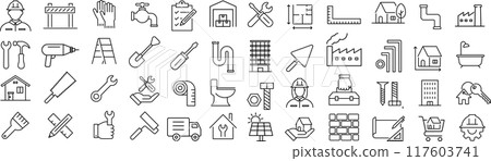 Vector monochrome line icon set about construction 117603741