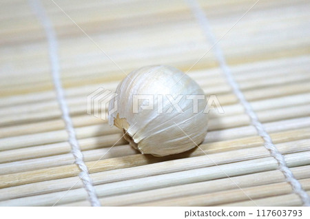 大蒜排列在竹子上 117603793