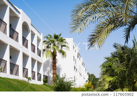 Spacious balcony of a whitewashed apartment building. 117603902