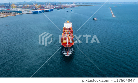 Aerial view container cargo ship sea freight shipping, Global business industry import export logistic transportation international by container cargo ship, Container ship commercial freight shipping. 117604047