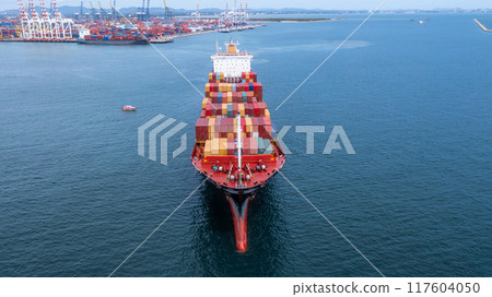 Aerial view container cargo ship sea freight shipping, Global business industry import export logistic transportation international by container cargo ship, Container ship commercial freight shipping. 117604050