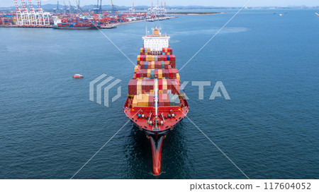 Aerial view container cargo ship sea freight shipping, Global business industry import export logistic transportation international by container cargo ship, Container ship commercial freight shipping. Aerial view container cargo ship sea freight shipping, Global business industry import export logistic transportation international by container cargo ship, Container ship commercial freight shipping. 117604052