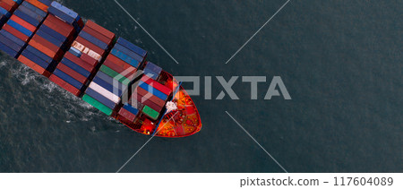 Aerial view container cargo ship sea freight shipping, Global business industry import export logistic transportation international by container cargo ship, Container cargo ship commercial freight. 117604089