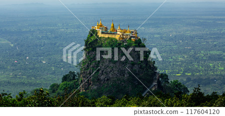 Mount Popa, Taung Kalat buddhist monastery on mountain Mount Popa, Temple on top mountain Mount Popa, Bagan, Myanmar. Mount Popa, Taung Kalat buddhist monastery on mountain Mount Popa, Temple on top mountain Mount Popa, Bagan, Myanmar. 117604120