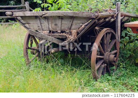 Traditional country vehicle in nature background. Vintage wooden cart. Wooden wheels. Traditional country vehicle in nature background. Vintage wooden cart. Wooden wheels. 117604225