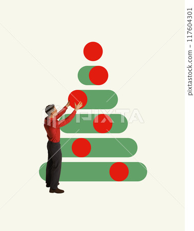 Man placing red circles onto stylized green tree made of horizontal bars. Strategy, building success step by step, just like decorating a Christmas tree. Contemporary art collage. Man placing red circles onto stylized green tree made of horizontal bars. Strategy, building success step by step, just like decorating a Christmas tree. Contemporary art collage. 117604301