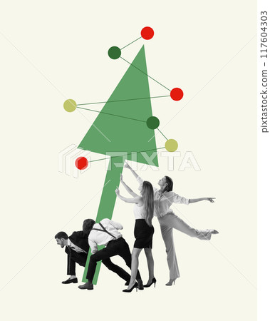 Team, colleagues carrying arrow in shape of Christmas tree, symbolizing collective spirit, cooperation and collaboration. Teamwork. Contemporary art collage. 117604303