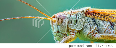 A detailed view of a grasshoppers head against a green backdrop 117604309