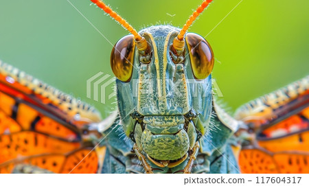 A detailed image of a grasshoppers face, pictured against a green backdrop 117604317