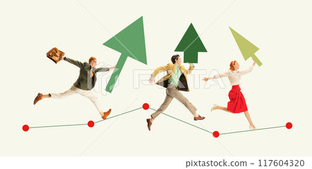 Deadlines. Employees running with mall arrows like Christmas trees on graph, symbolizing finishing projects before holidays and vacation. Contemporary art collage. Deadlines. Employees running with mall arrows like Christmas trees on graph, symbolizing finishing projects before holidays and vacation. Contemporary art collage. 117604320