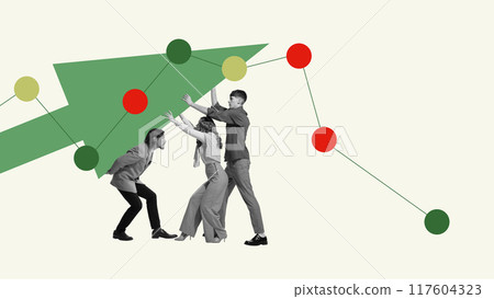Three people, colleagues carrying Christmas tree connected with graph. Teamwork, growth and efforts. Contemporary art collage. Three people, colleagues carrying Christmas tree connected with graph. Teamwork, growth and efforts. Contemporary art collage. 117604323