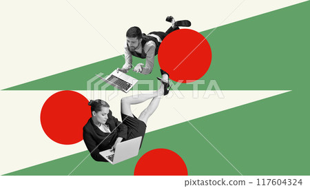 Man and woman, colleagues working laptops atop stylized tree, with red ornaments. Remote work. Balancing productivity with holiday spirit. Contemporary art collage. Man and woman, colleagues working laptops atop stylized tree, with red ornaments. Remote work. Balancing productivity with holiday spirit. Contemporary art collage. 117604324