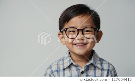 Portrait of a happy Asian kid preschooler with glasses on a solid gray background. Back to school, correction of pupil kid eyesight. AI generated 117604413