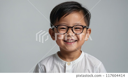 Portrait of a happy Asian kid preschooler with glasses on a solid gray background. Back to school, correction of pupil kid eyesight. AI generated 117604414