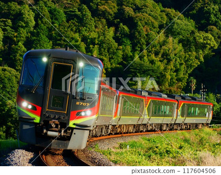 2700系列柴油列車/特快南風號在夕陽下穿過贊岐再田的大彎道。 2700系列柴油列車/特快南風號在夕陽下穿過贊岐再田的大彎道。 117604506