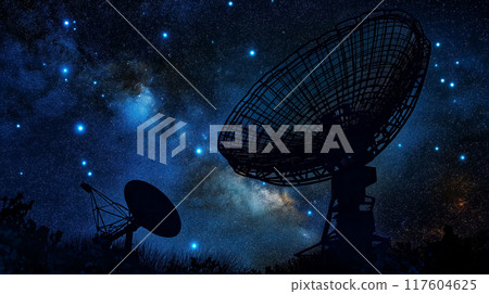Radio telescope floating in the starry sky 117604625
