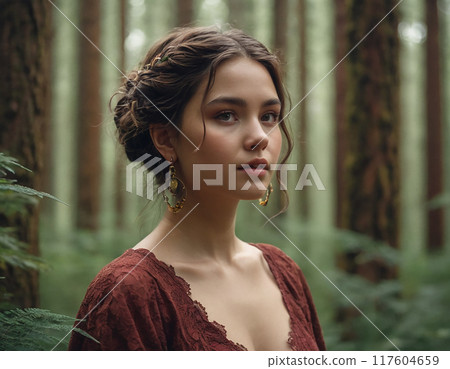 Girl in a red dress in the woods 117604659