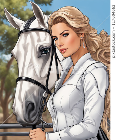 Illustration of a white horse and a woman 117604662