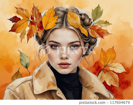 The watercolor silhouette of Caucasian woman with autumn yellowed fallen leaves in her hair is autumn portrait. Freedom, femininity, autumn mood, harvest, makeup, stylist, Barber, bride. AI generated 117604679