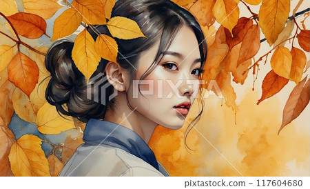 The watercolor silhouette of Asian woman with autumn yellowed fallen leaves in her hair is autumn portrait. Freedom, femininity, autumn mood, harvest, makeup, stylist, Barber, bride. AI generated 117604680