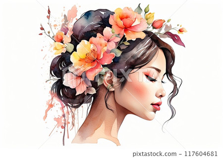 The watercolor silhouette of Asian woman with bright summer and spring flowers in her hair is summer portrait. Freedom, femininity, wedding, makeup, stylist, Barber, bride. AI generated 117604681