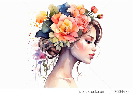 The watercolor silhouette of Caucasian woman with bright summer and spring flowers in her hair is summer portrait. Freedom, femininity, wedding, makeup, stylist, Barber, bride. AI generated 117604684
