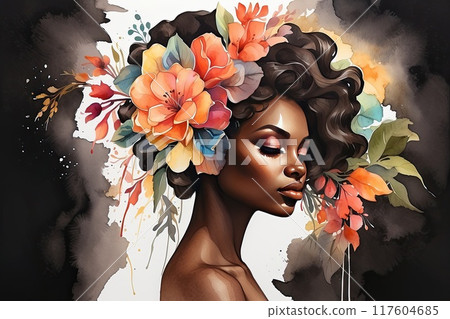 The watercolor silhouette of dark-skinned woman with bright summer tropical flowers in her hair is summer portrait. Freedom, femininity, wedding, makeup, stylist, Barber, bride. AI generated 117604685