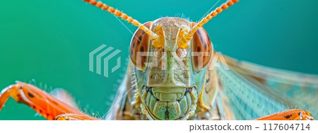 A detailed view of a grasshoppers face against a green backdrop 117604714