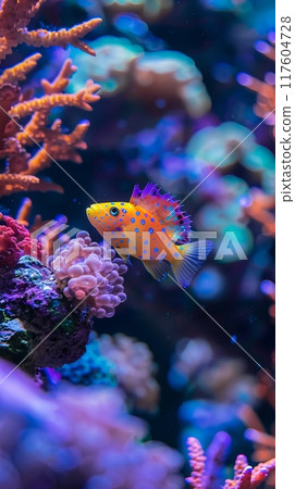 Yellow fish swimming among colorful corals in the coral reef Yellow fish swimming among colorful corals in the coral reef 117604728