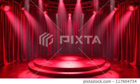 Theatre or stand up comedy stage with spotlights, podium and red curtain. 117604734